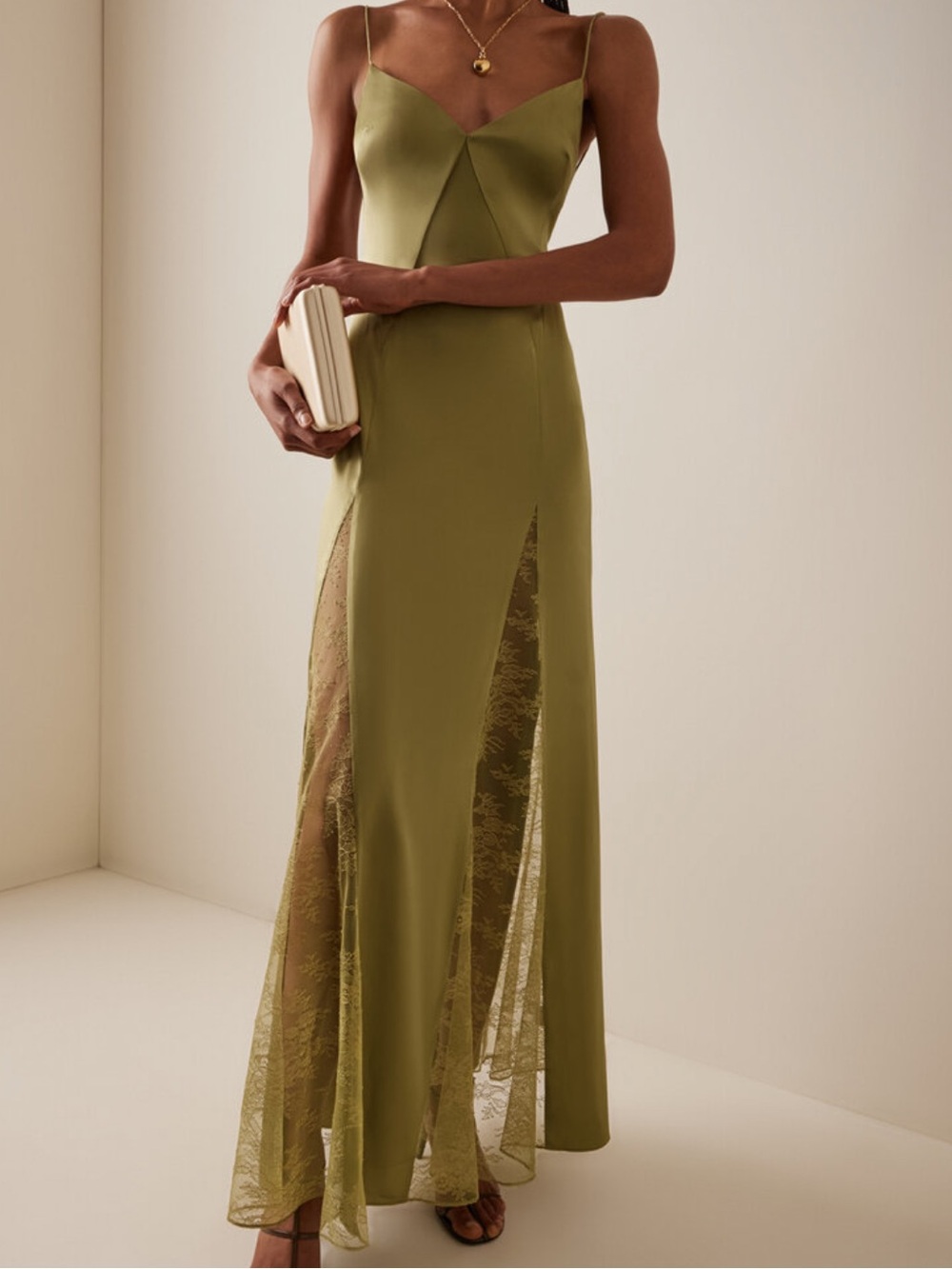 Staud Olive Green Lace-Panel Slip Dress - Picture 1 of 6